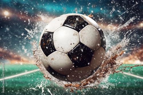 Water drops around soccer ball on blue background Generative AI © Nataliia