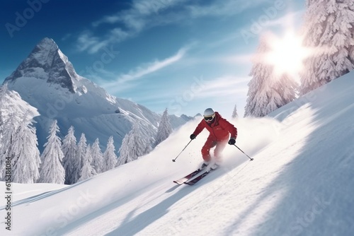 Winter time. Skier and mountains landscape Generative AI