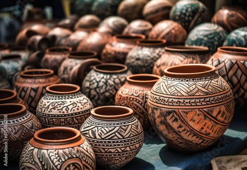 ceramic potters sell decorative pots at a market where they are displayed