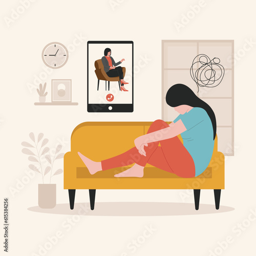 Vector of woman consulting psychologist online. Illustration for website, landing page, mobile app, poster and banner. Trendy flat vector illustration