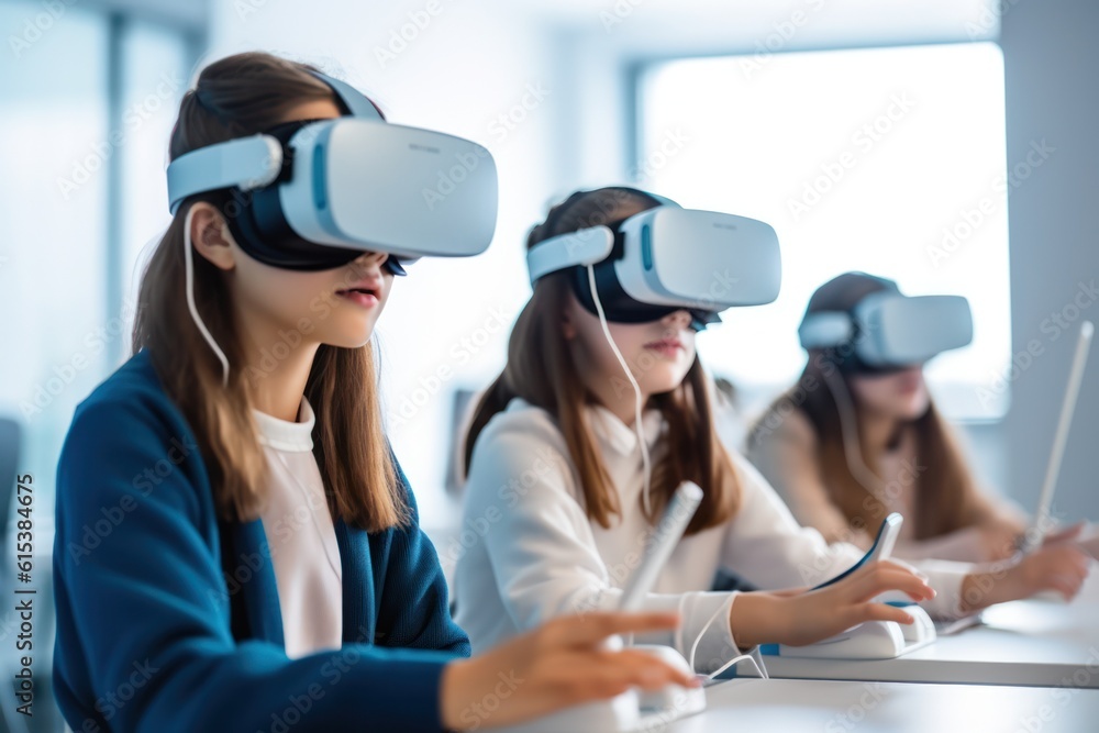 Young students in a computer programming class, wearing augmented reality headsets and interacting with virtual coding interfaces Young students in a computer programming class, wearing augmented reality headsets and interacting with virtual coding interfaces