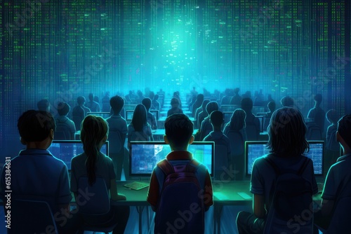 Back view of schoolchildren engrossed in a computer programming class  with holographic code snippets floating around them