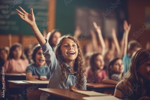 Young girl raising her hand to answer a question in classroom. Back to school