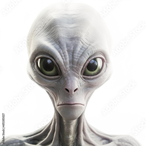 Alien head scary future face portrait realistic generative AI illustration isolated on white background. Future aliens concept