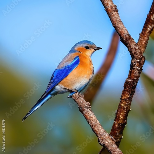 a blue and orange bird perched on a tree branch, generative AI.