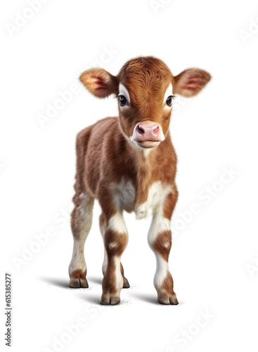 Cute little cow calf realistic character generative AI illustration isolated on white background. Lovely baby animals concept photo