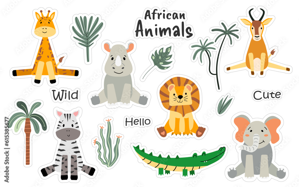 African animals stickers. Vector illustration. Cute animal. Childish