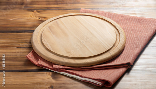 Napkin and board for pizza on wooden desk mockup. Selective focus.