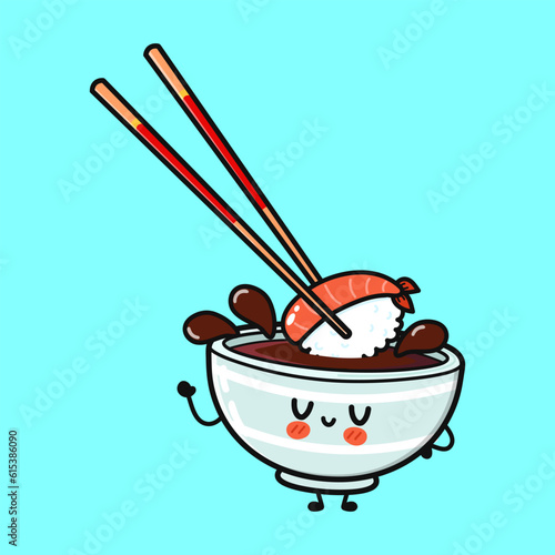 Bowl of soy sauce waving hand. Vector hand drawn cartoon kawaii character illustration icon. Isolated on blue background. Bowl of soy sauce character concept