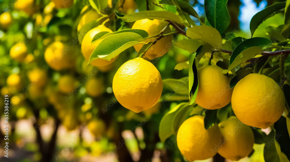 Ripe lemons growing on trees in orchard, background with space for text, copy space, generative AI

