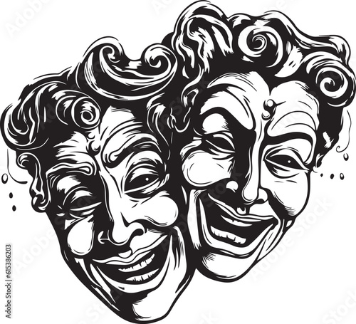 Two classic theater masks a sad and joyous, comedy and tragedy, Vector Illustration, SVG