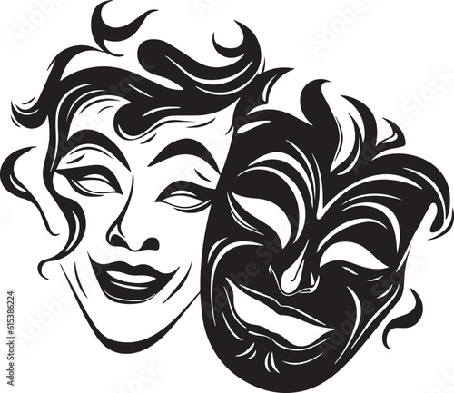 Two classic theater masks a sad and joyous, comedy and tragedy, Vector Illustration, SVG