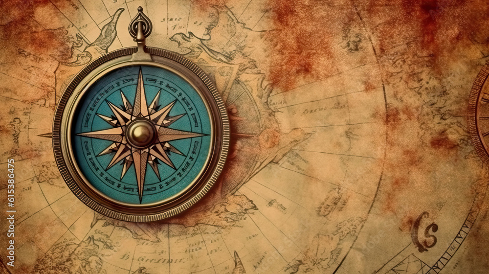 Old compass on vintage map. Retro stale. Making a decision, choosing a direction