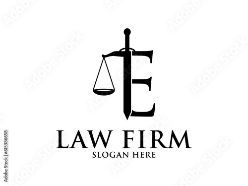 Law Firm with Letter E Logo, Lawyer logo with creative law element