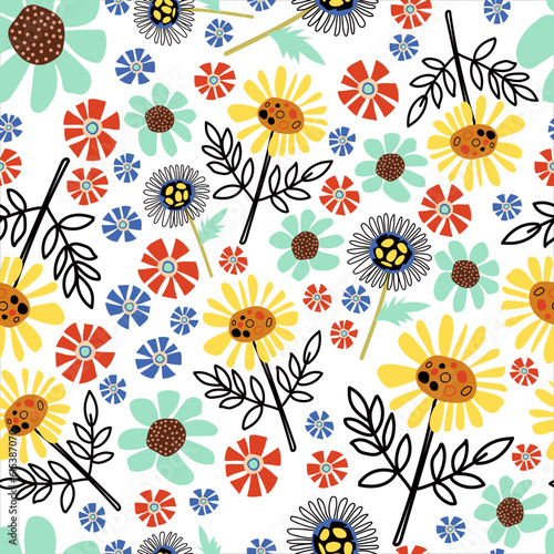 Vector summer pattern in blue and red shades in floral stylized flowers on a monochromatic isolated background © Viktoryia