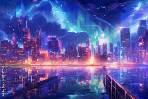 Generative AI. the backdrop of an advanced city at night anime style