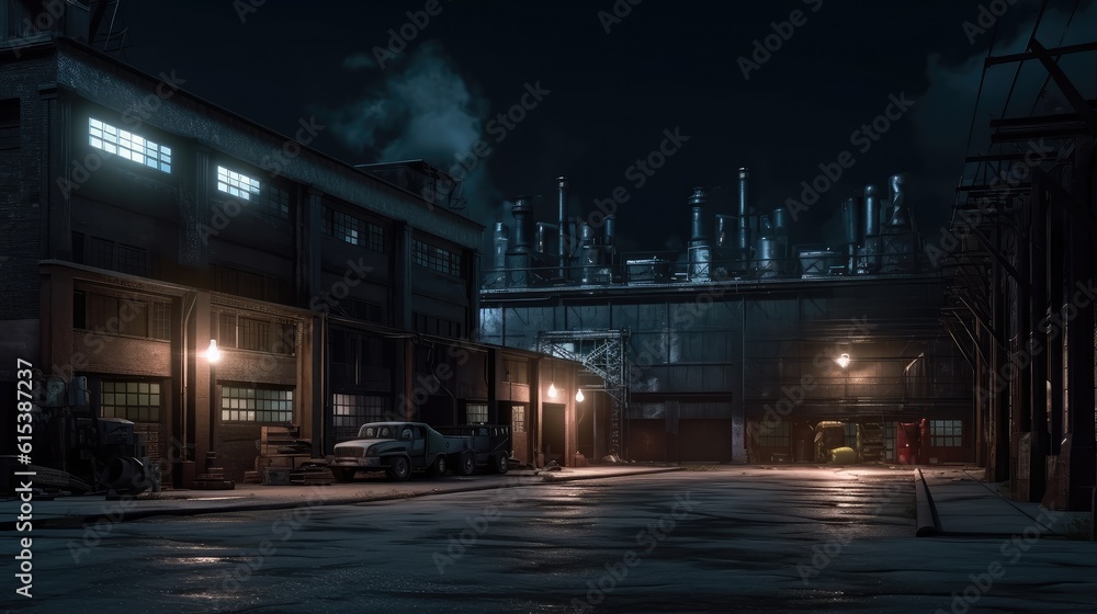 Old factory building lights up at night