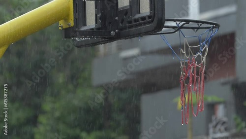 The basketball hoop colse up had been torn by the rain. illustration of a sport that is experiencing a decline in performance. photo