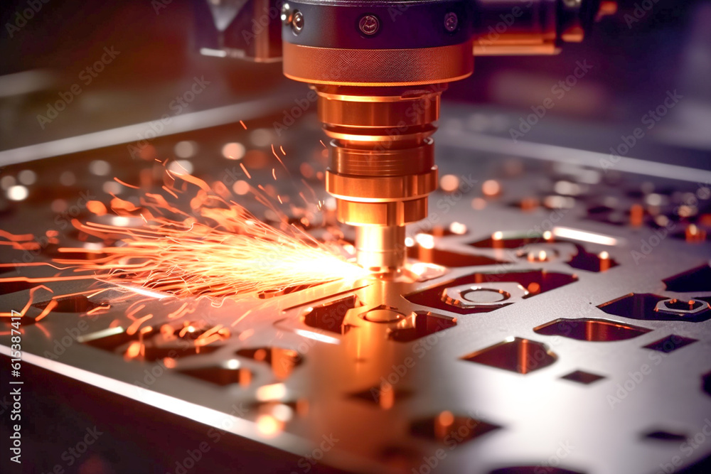 Fiber laser cutting machine cut the sheet metal plate with sparks. Hi-technology manufacturing process by laser cutting machine. Generative AI Fiber laser cutting machine cut the sheet metal plate with sparks. Hi-technology manufacturing process by laser cutting machine. Generative AI