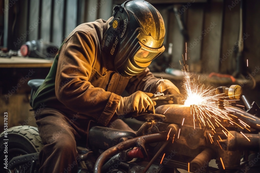 Welder on steel structure in factory Generative AI Welder on steel structure in factory Generative AI