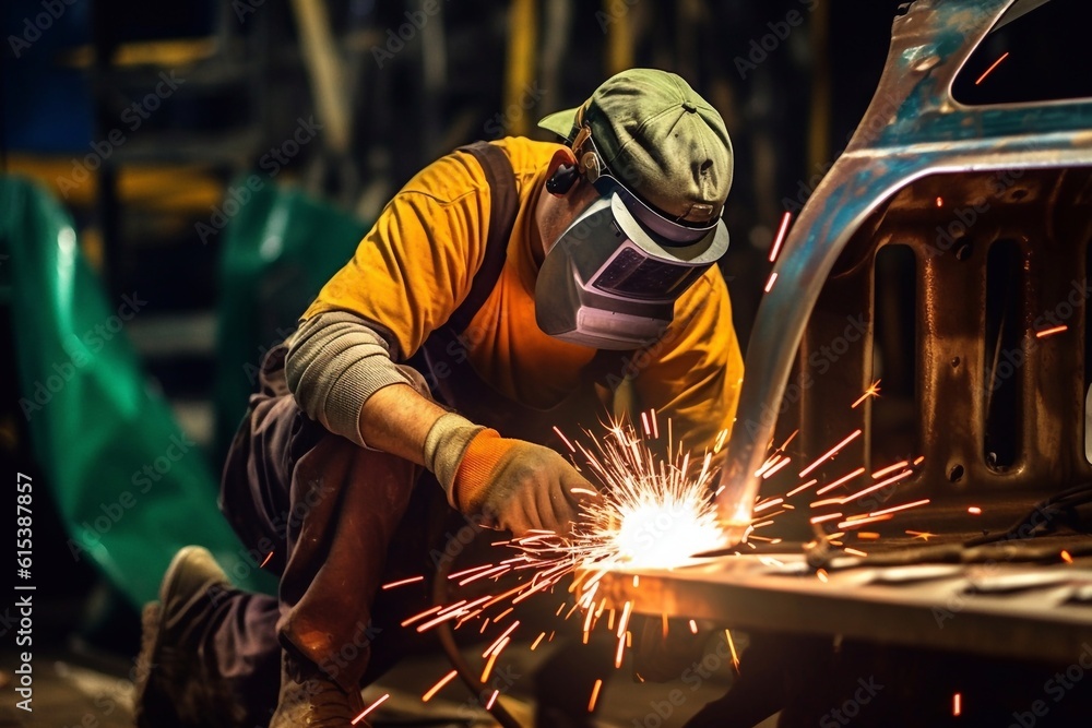 Welder on steel structure in factory Generative AI Welder on steel structure in factory Generative AI