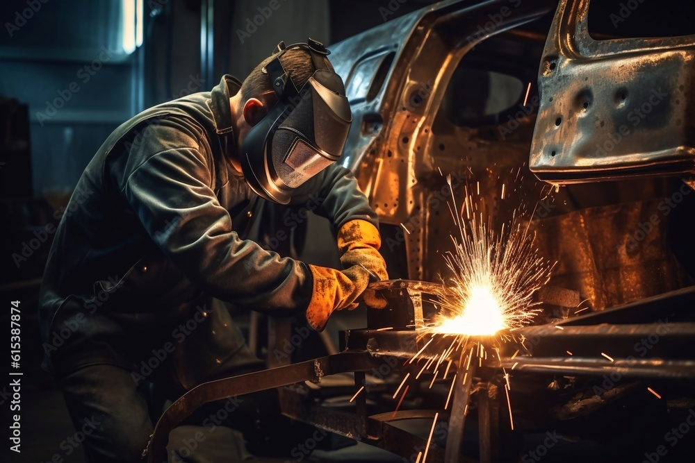 Welder on steel structure in factory Generative AI Welder on steel structure in factory Generative AI