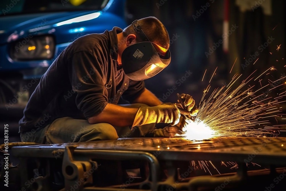 Welder on steel structure in factory Generative AI Welder on steel structure in factory Generative AI