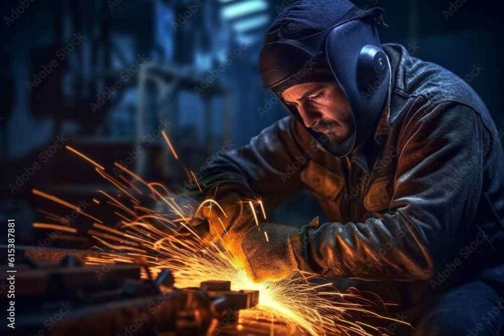 Welder on steel structure in factory Generative AI Welder on steel structure in factory Generative AI