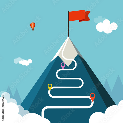 Landscape with a flag on a mountain and dots is an illustration of the concept of success. Overcoming difficulties.