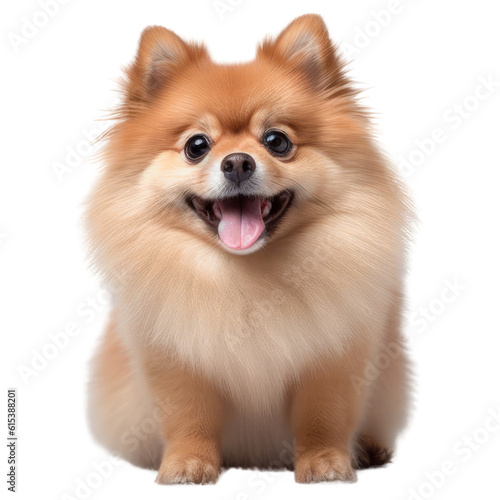 Pomeranian breed dog isolated on transparent background. Cute adorable Pom dog sitting and smiling.