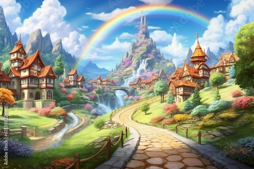 Generative AI. a fairy village background with a rainbow