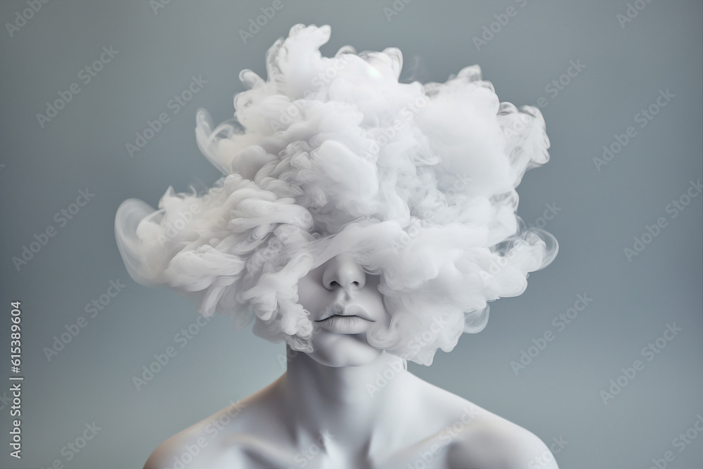 Artificial intelligence image Generative ai photo sensual tender young person without face futuristic design fog cloud instead of head - obrazy, fototapety, plakaty 