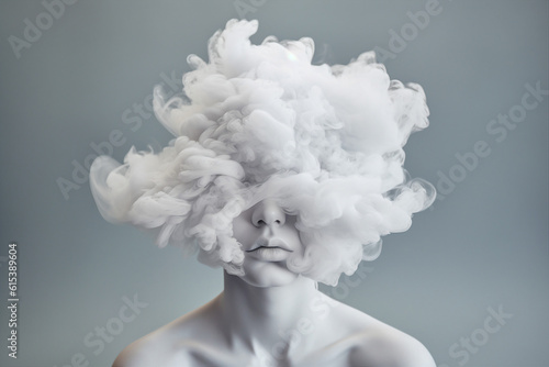 Artificial intelligence image Generative ai photo sensual tender young person without face futuristic design fog cloud instead of head