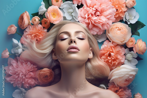 Generative ai made art woman body flat lay in floral composition demonstrating perfect ideal pure silky face cosmetology concept photo