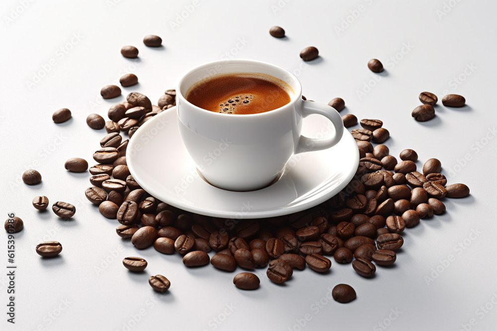 a cup of coffee on a pile of coffee beans, Generative AI a cup of coffee on a pile of coffee beans, Generative AI