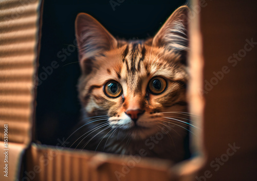 small cat peeking out of a cardboard box