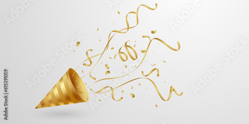 popper design background with beautiful ribbon and confetti vector illustration