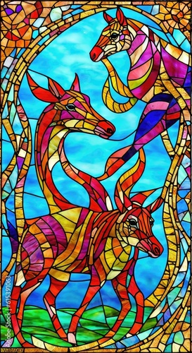 a stained glass picture of two horses in a circle  generative AI.