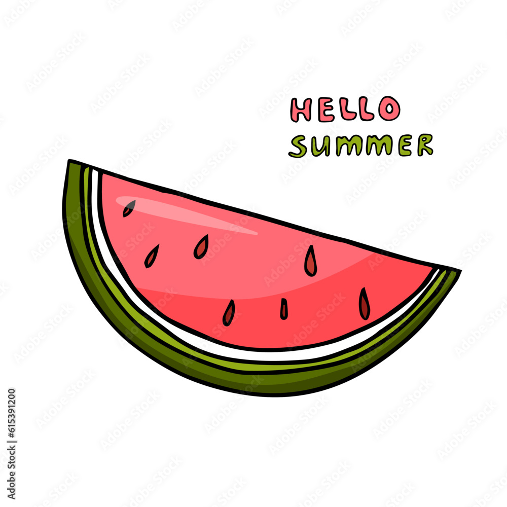 Trendy single element of cute cartoon watermelon slice and text in doodle style. Element for print, postcard, design menu, textile, poster, textile or advertising. Vector illustration EPS10. Trendy single element of cute cartoon watermelon slice and text in doodle style. Element for print, postcard, design menu, textile, poster, textile or advertising. Vector illustration EPS10.