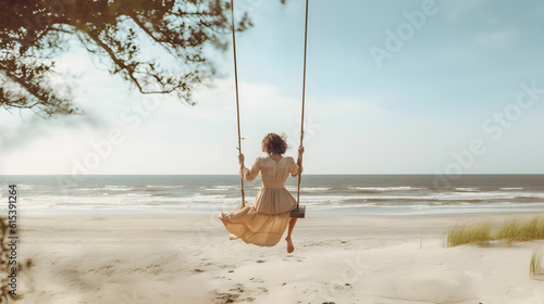 rear view of women on the swing near the beautiful beach created with Generative AI