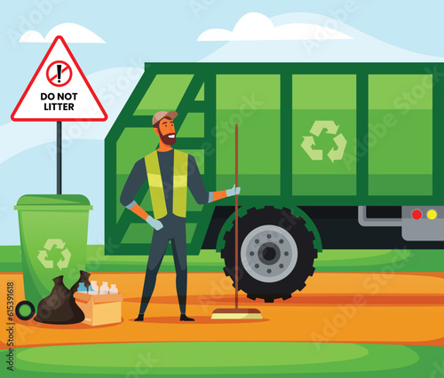 Vector illustration of trash pickup worker cleaning trash can in truck