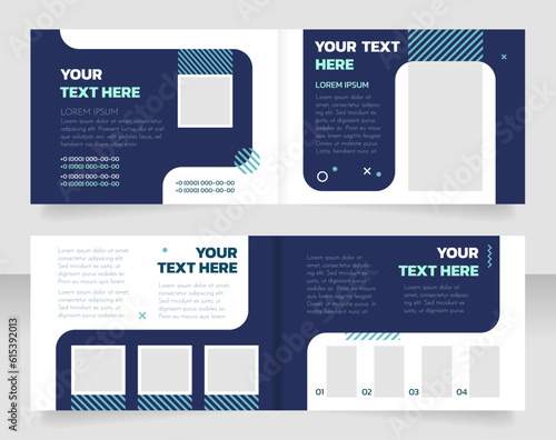 Business administration course bifold brochure template design. Half fold booklet mockup set with copy space for text. Editable 2 paper page leaflets. Josefin Sans Thin, Kanit-Bold, Regular fonts used