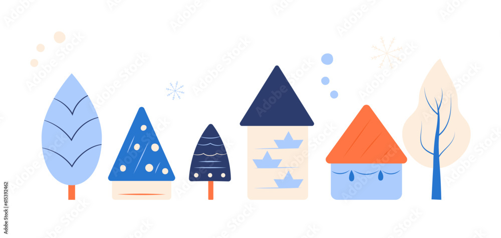 Set of christmas trees and houses. Winter elements for design. Vector illustration on a white background.