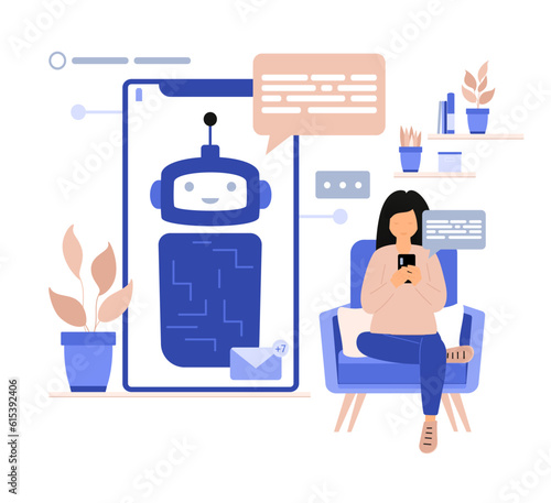 Girl in the armchair communicates with chatbot.  Virtual assistant on the phone. AI technology concept. Flat cartoon vector illustration.