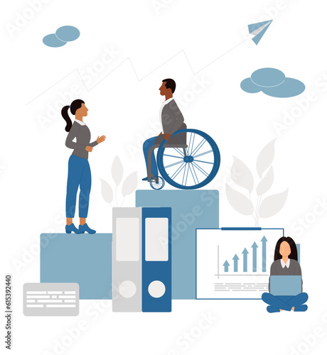 Inclusive office. Social diversity in the work team. Man office worker in a wheelchair. Equality, diversity and inclusion. Flat vector illustration. 