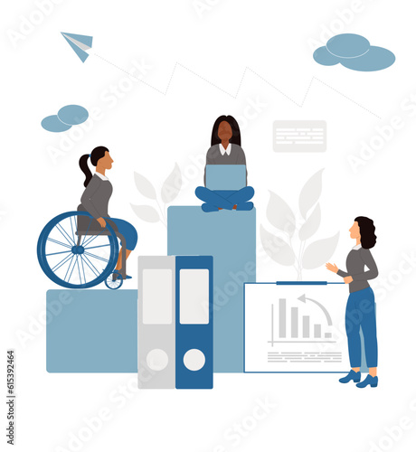 Inclusive office concept. Social diversity in the work team. Female office worker in a wheelchair. Equality, diversity and inclusion. Flat vector illustration. 
