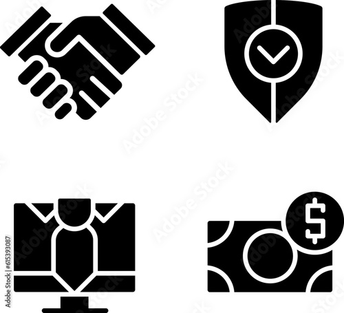 Business partnership black glyph icons set on white space. Commercial deal safety. Increasing company profit. Silhouette symbols. Solid pictogram pack. Vector isolated illustration