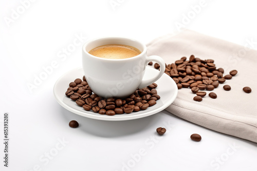 coffee beans and cup of coffee on white background, Generative AI