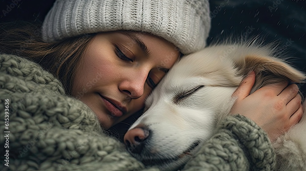Photo of a woman embracing her furry companion while wearing a stylish white hat
Photo of a woman embracing her furry companion while wearing a stylish white hat
