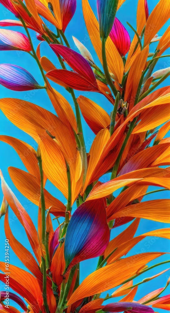 colorful flowers against a blue sky background, generative AI.